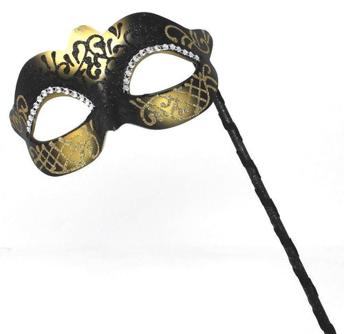 Black and Gold Masquerade Mask on a Stick