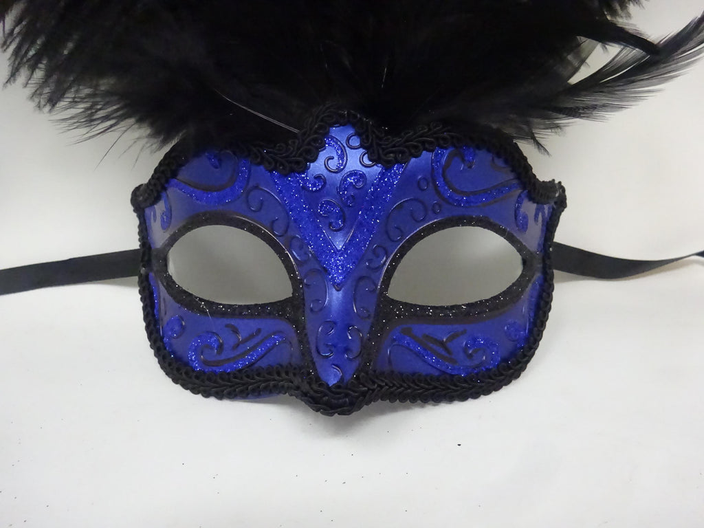 Sparkling Blue and Black Venetian Masquerade Ball Party Eye Mask with Long Black Feathers