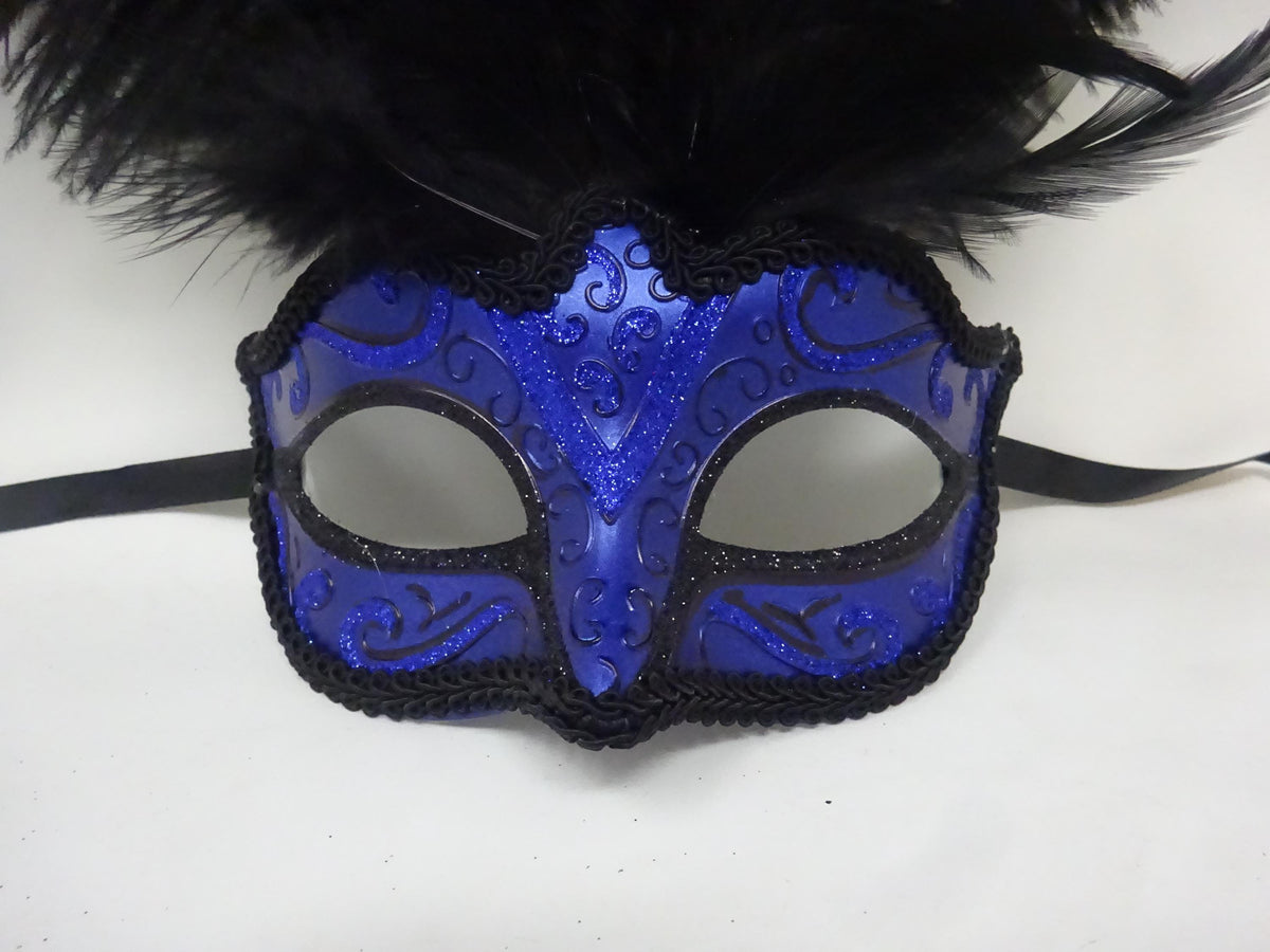 Sparkling Blue and Black Venetian Masquerade Ball Party Eye Mask with Long Black Feathers