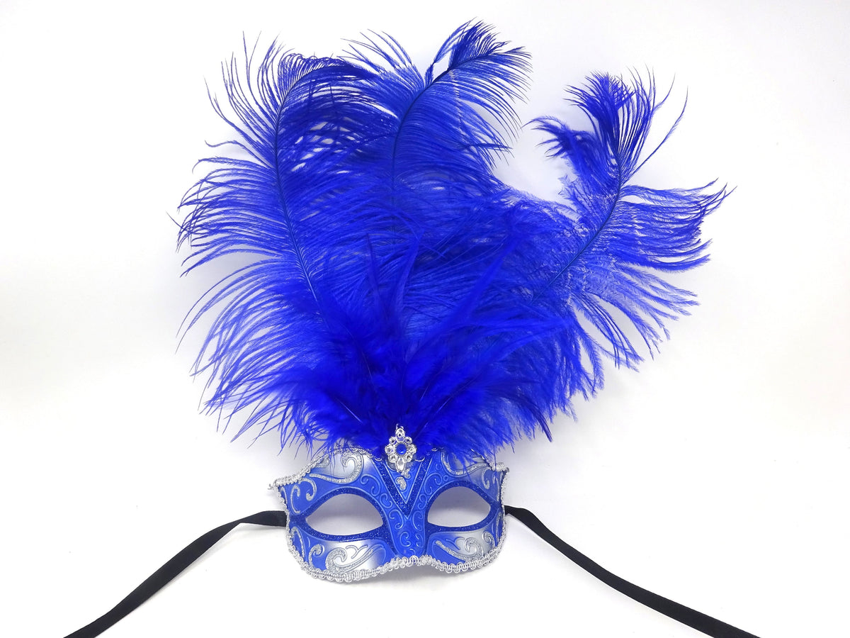 Blue and Silver Tall Feather Masquerade Party Carnival Ball Mask with Centre Jewel