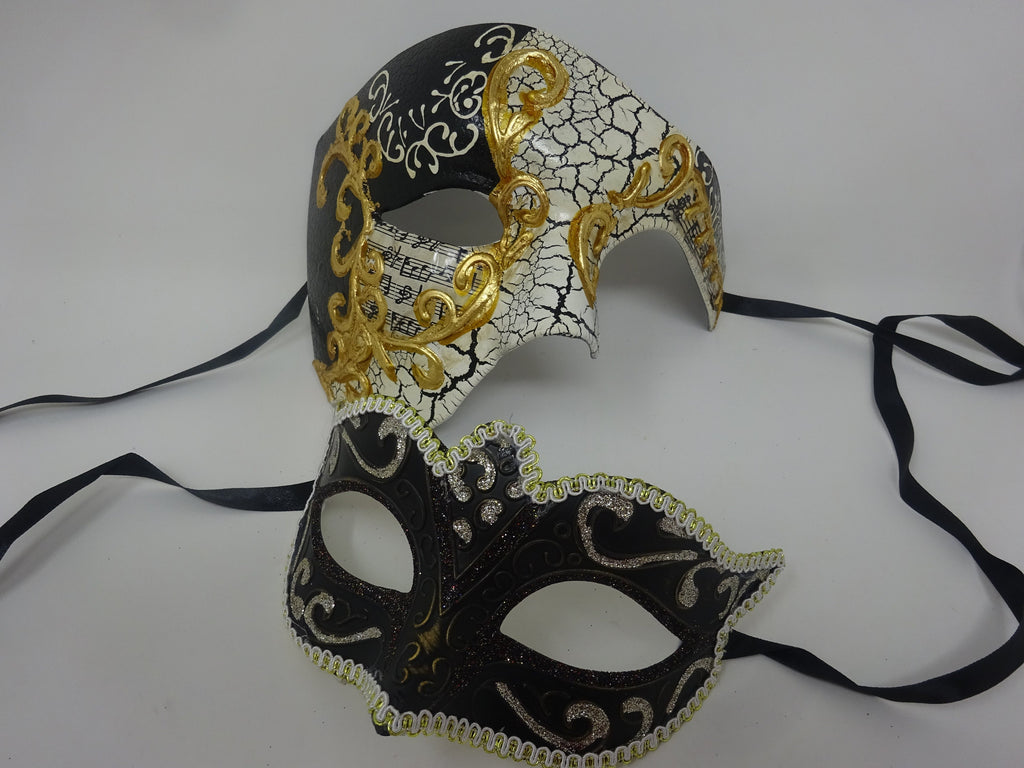 Musical Script Gold and Black Phantom his and hers couples pair of masquerade masks