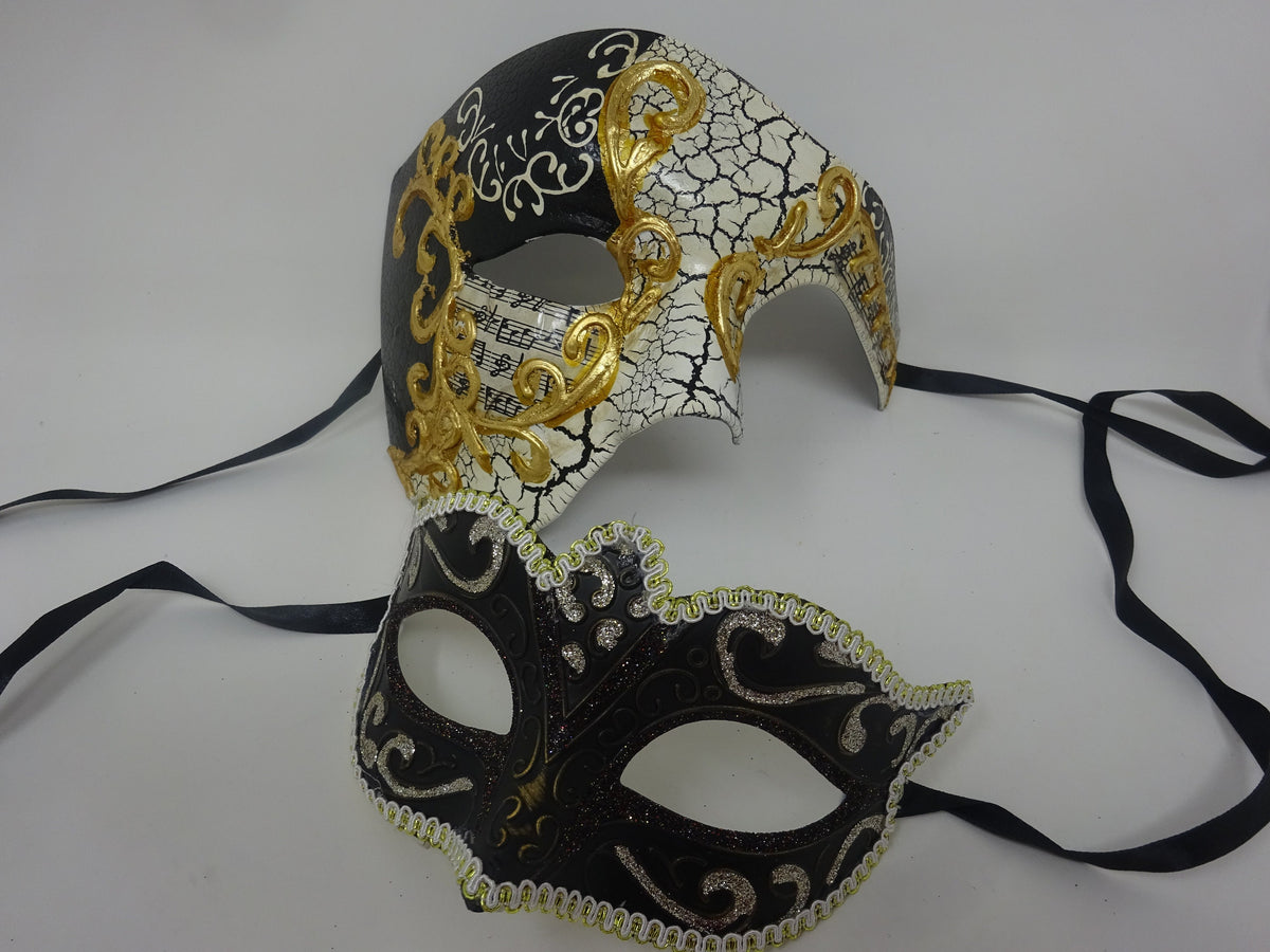 Musical Script Gold and Black Phantom his and hers couples pair of masquerade masks