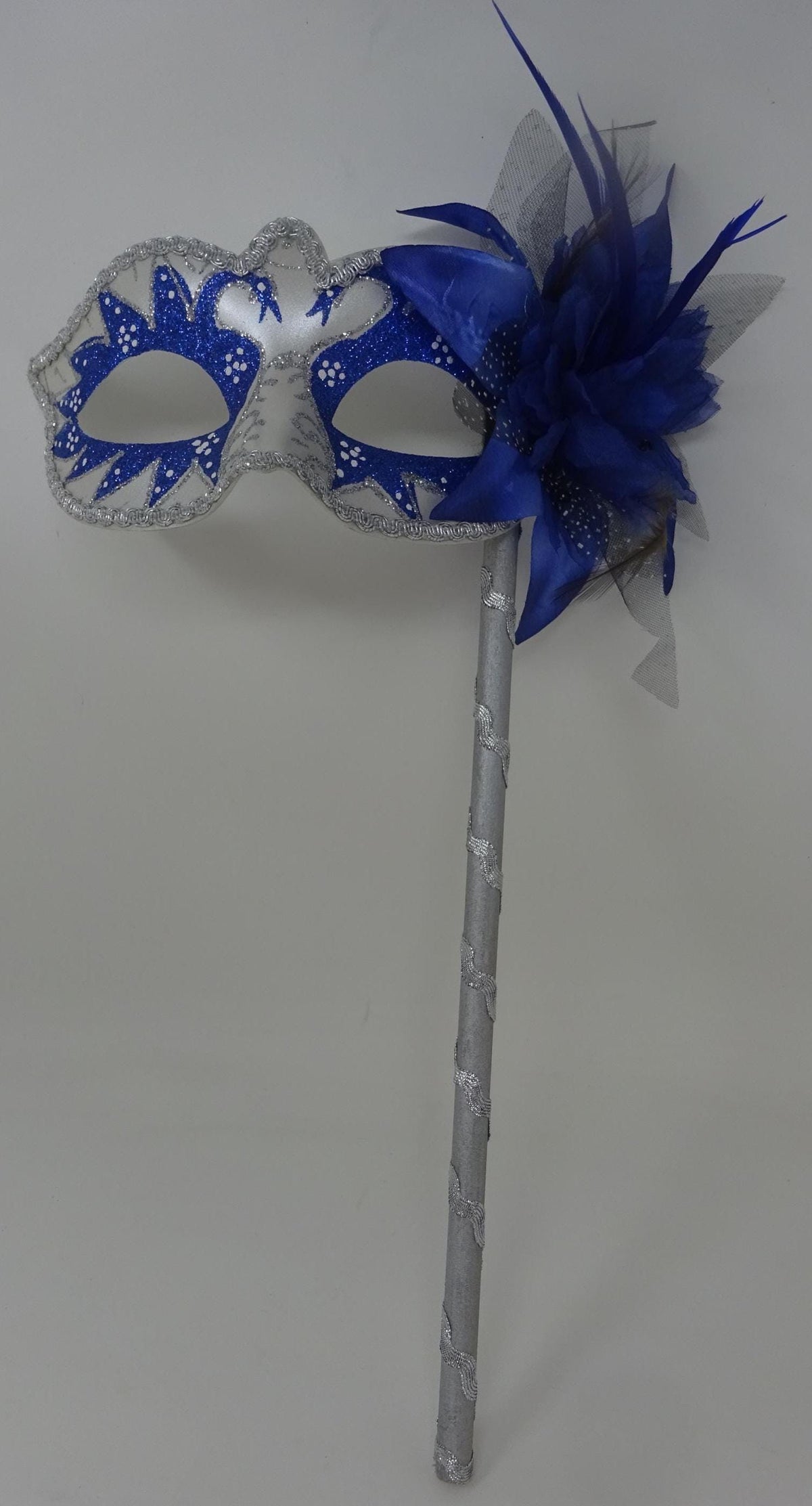 Blue and Silver Swan Lake Party Masquerade Wedding Bridal ball Eye Mask on Stick with Flower