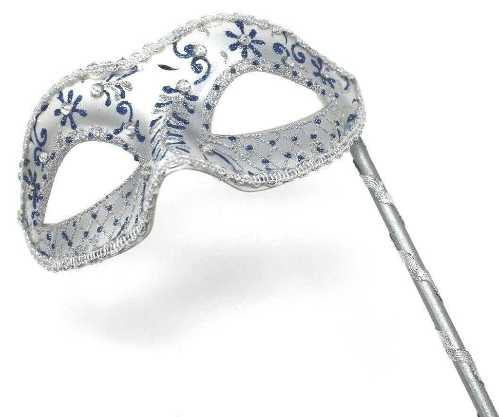 Blue and Silver Jewelled Party Masquerade Wedding Bridal ball Eye Mask on Stick