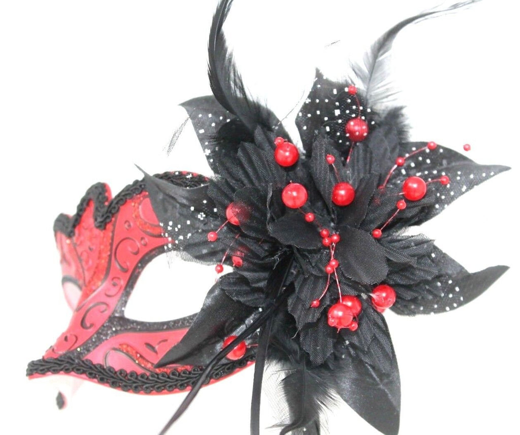 Red and Black Masquerade Mask on a Black Stick with Flower