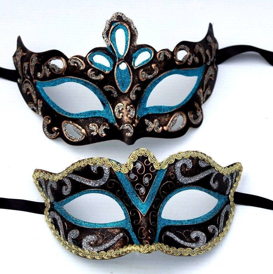 His and Hers Turquoise, Bronze, Silver and Gold Pair of Male and Female Couples Masquerade Masks