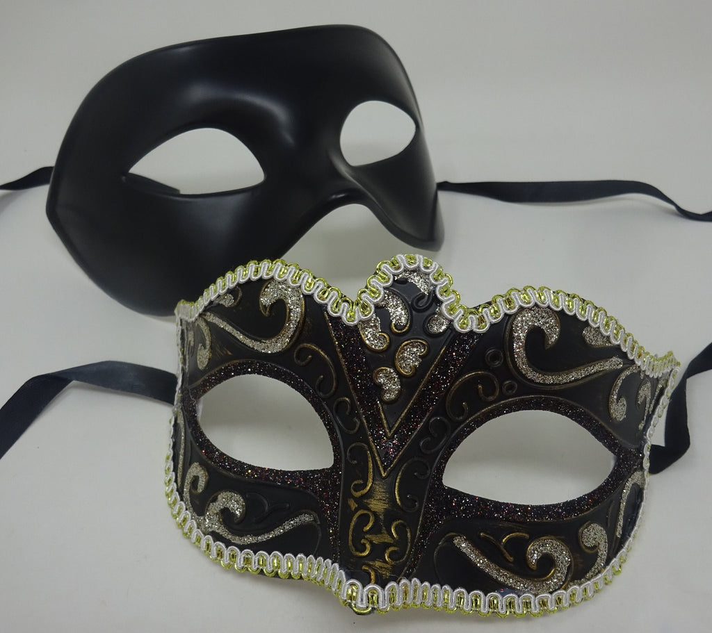 His and Hers Black and Gold Quality Pair of Male and Female Couples Masquerade Masks