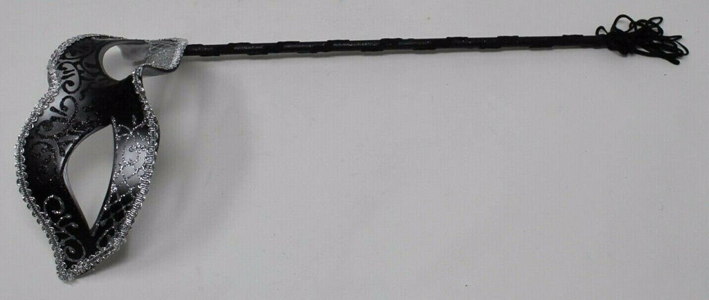 Black and Silver Venetian Masquerade Mask Hand Held on a Stick