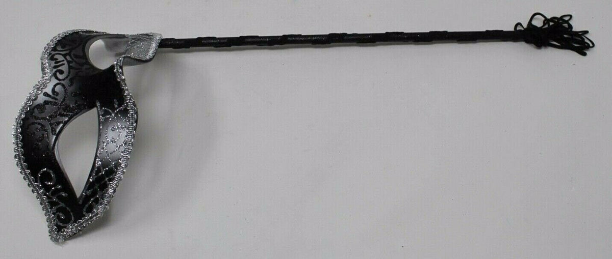 Black and Silver Venetian Masquerade Mask Hand Held on a Stick