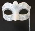 White and Silver Jewelled Mask on a Silver Stick
