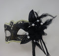 Stunning Black, Bronze Silver and Gold Masquerade Mask on a Black Stick with Flower and Pearls