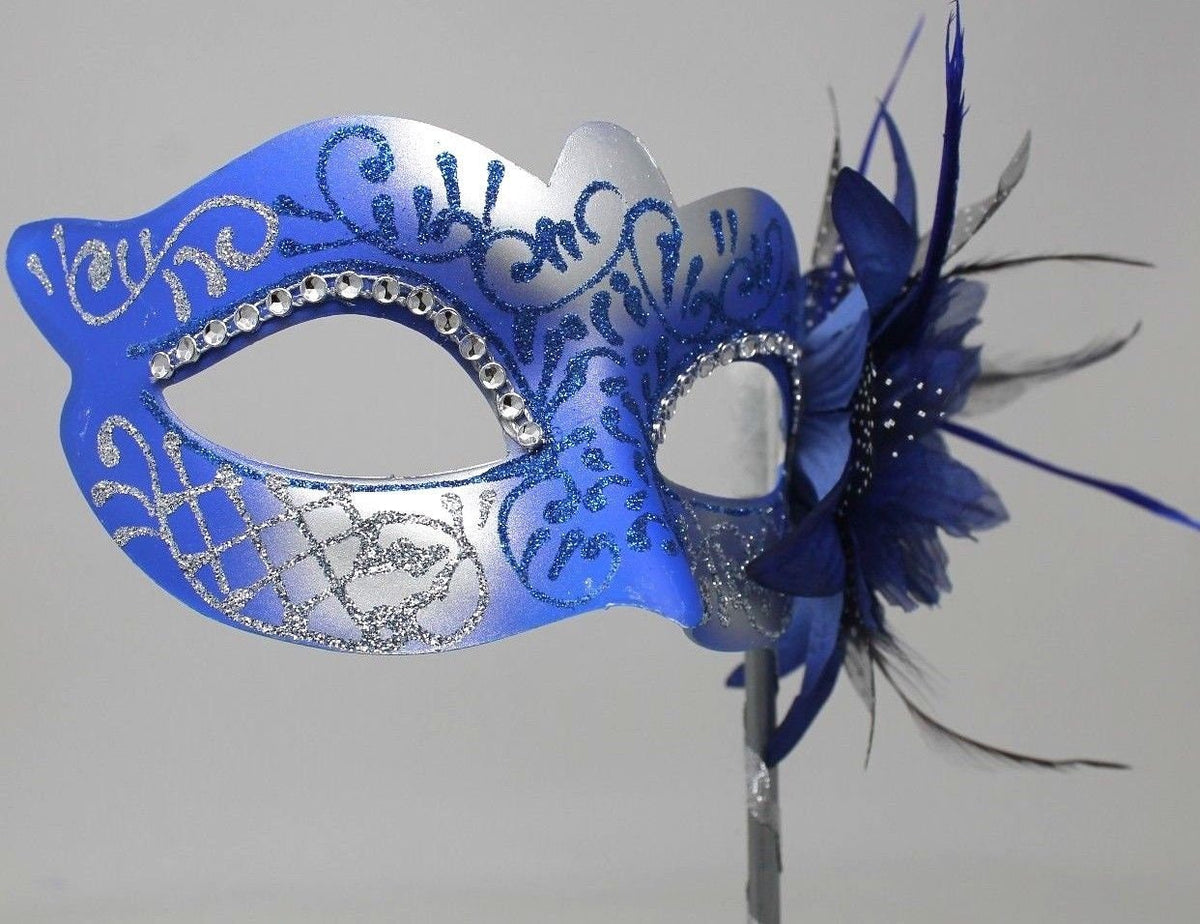 Blue and Silver Diamonte Mask on Stick with Flower