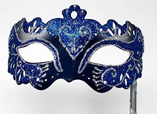 Blue and Silver Rialto Venetian Masquerade Ball Party Mask Hand Held on a Stick