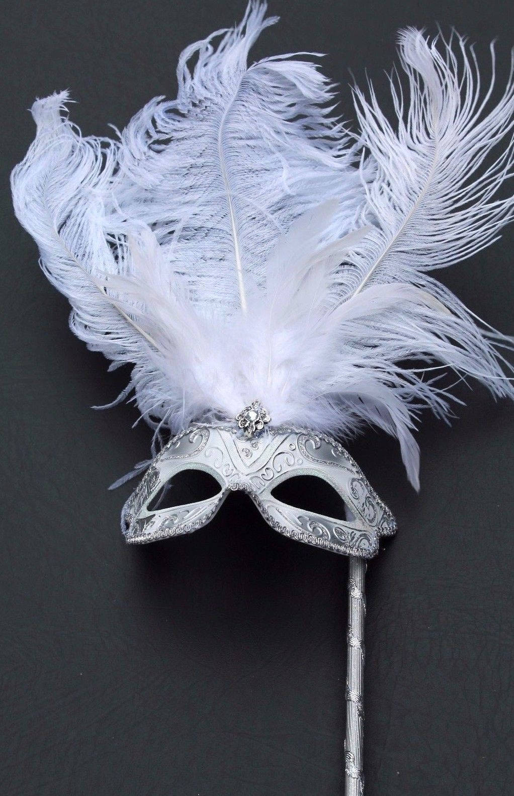 Stunning White and Silver Feather Masquerade Mask on a Silver Stick