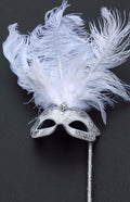 Stunning White and Silver Feather Masquerade Mask on a Silver Stick
