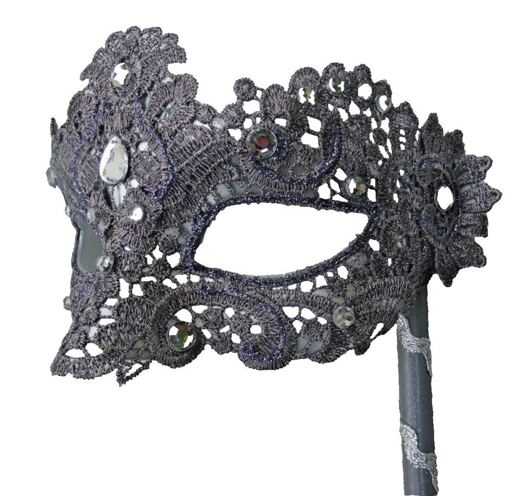 Hand Held Silver Grey Brocade Lace Masquerade Party Carnival Ball Mask on Stick