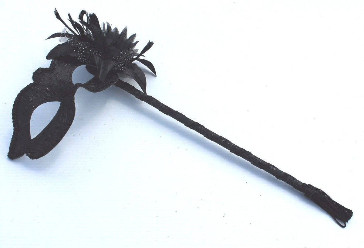 Stunning Black Masquerade Mask on a Black Stick with Black and White Flower