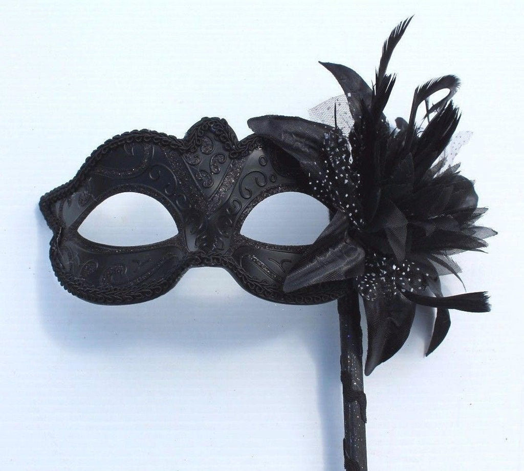 Stunning Black Masquerade Mask on a Black Stick with Black and White Flower