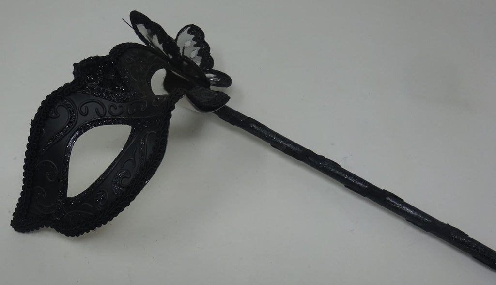 Black Venetian Masquerade Ball Party Carnival Mask with Black Butterfly Details on a Hand Held Stick