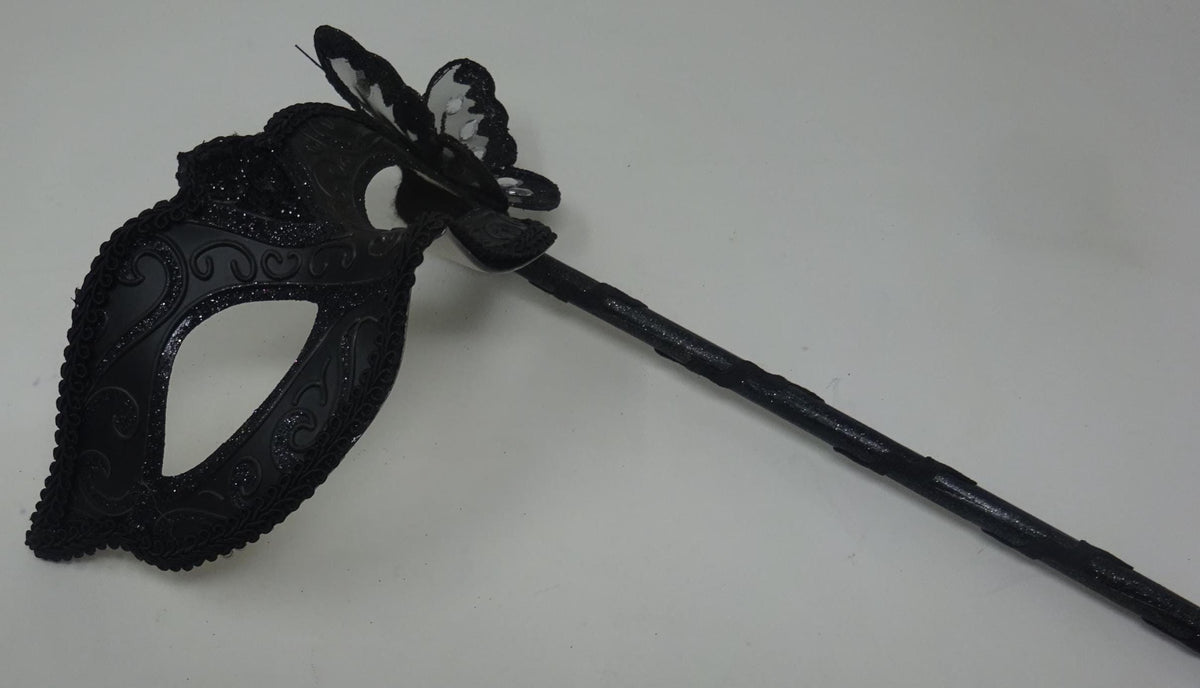 Black Venetian Masquerade Ball Party Carnival Mask with Black Butterfly Details on a Hand Held Stick