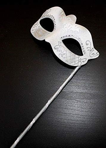 Ladies White and Silver Masquerade Party Carnival Ball Mask Hand Held on a Wooden Stick
