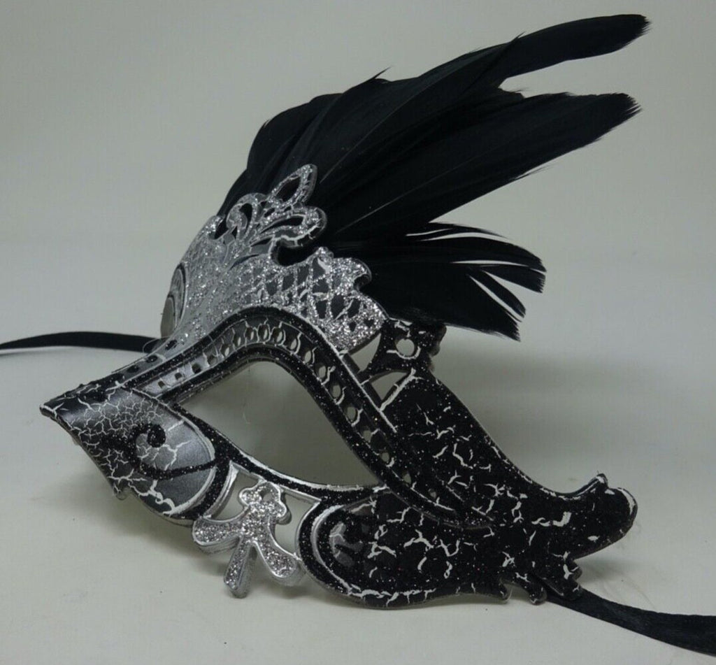 Black and Silver Rialto Masquerade Party Ball Carnival Eye Feather Mask