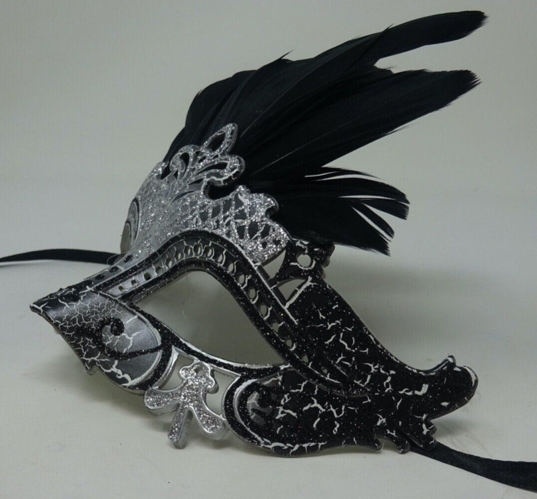 Black and Silver Rialto Masquerade Party Ball Carnival Eye Feather Mask