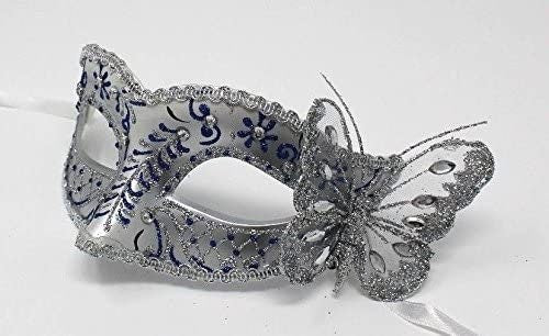Ladies Blue and Silver Masquerade Ball Carnival Party Eye Mask with Butterfly