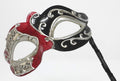 Red, Silver and Black Musical Masquerade Mask for Masked Ball on Stick with Musical Notes Script