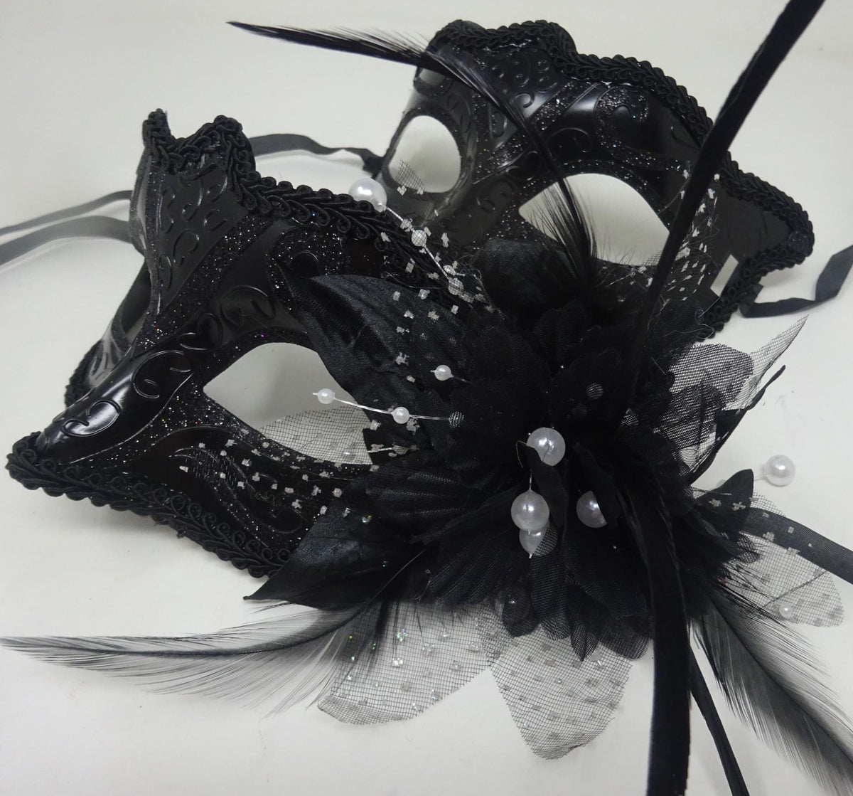 Black Gloss His n Hers Couples Masquerade Masks with Flower Beaded Stamens Organza