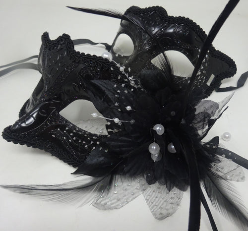 Black Gloss His n Hers Couples Masquerade Masks with Flower Beaded Stamens Organza
