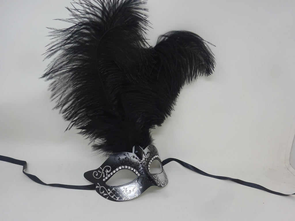 Stunning Black and Silver Assorted Ostrich Feather Masquerade Party Ball Prom Eye Mask with Diamontes