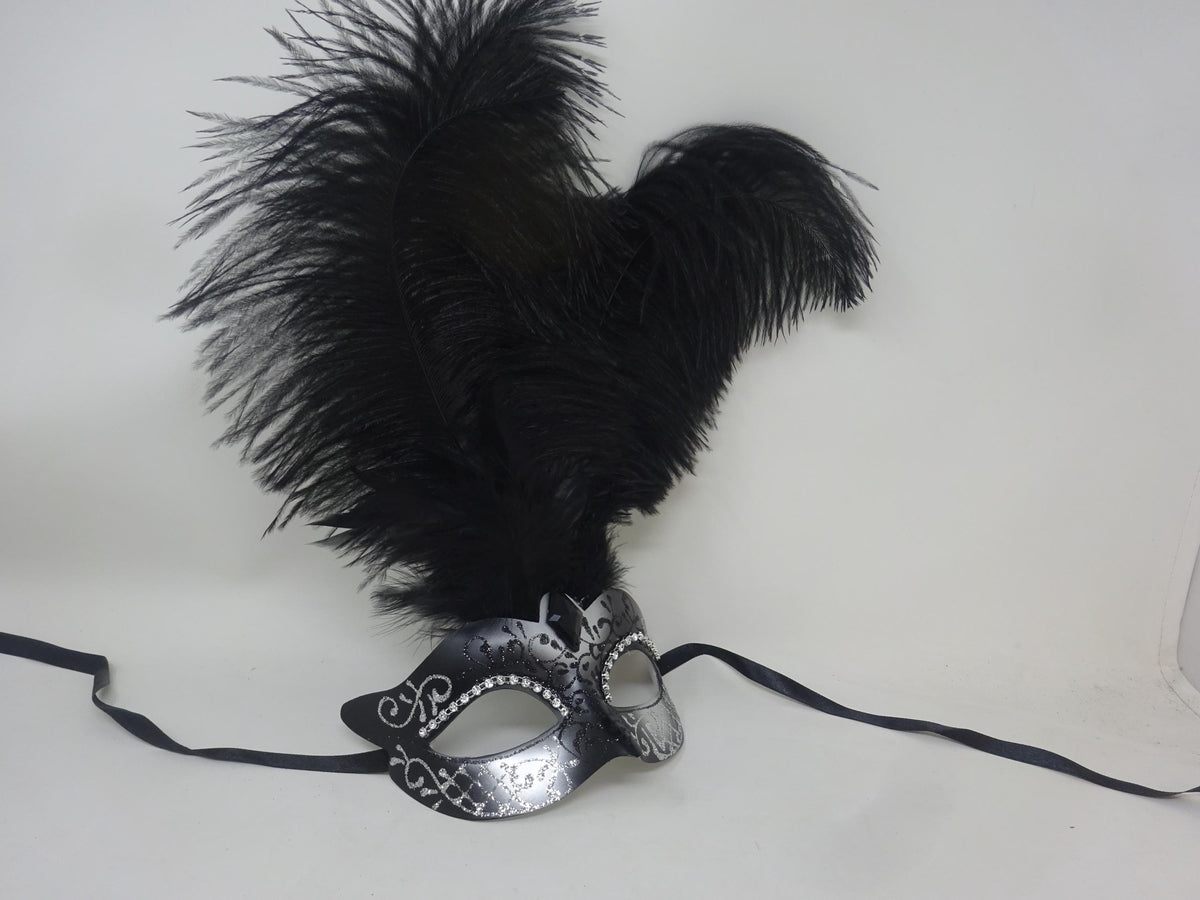 Stunning Black and Silver Assorted Ostrich Feather Masquerade Party Ball Prom Eye Mask with Diamontes