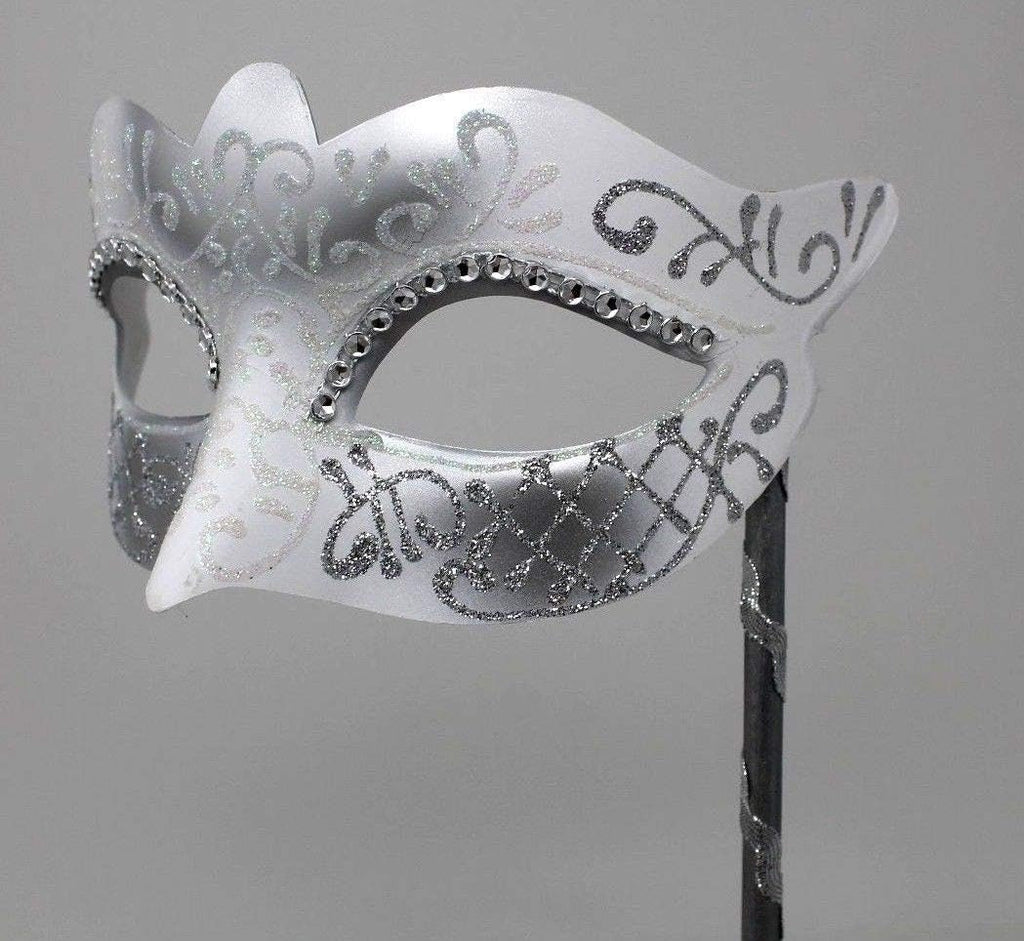 Ladies White and Silver Masquerade Party Carnival Ball Mask Hand Held on a Wooden Stick