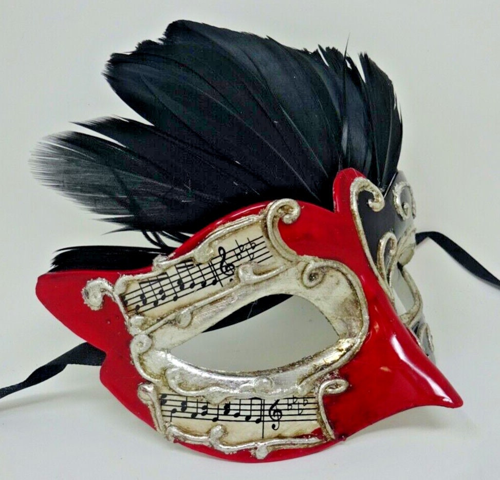 Red, Black and Silver Musical Masquerade Mask for Masked Ball with Feathers