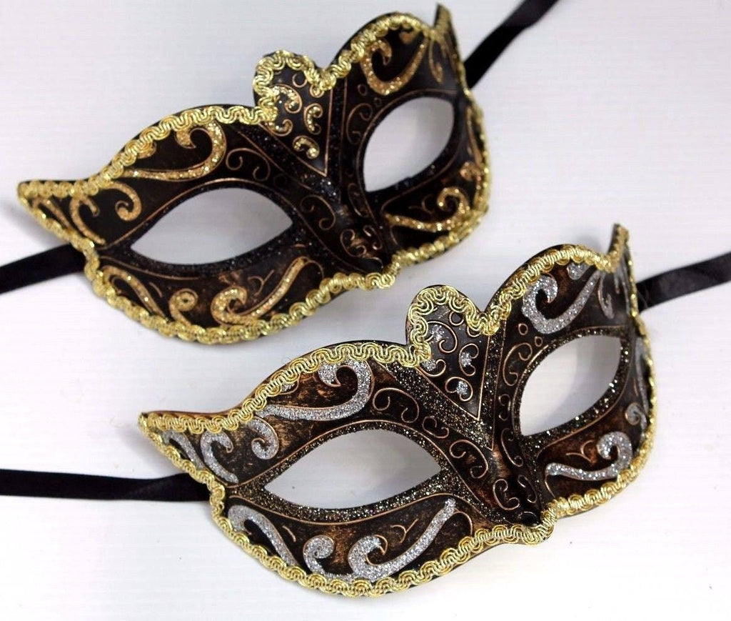 Black, gold and bronze his and hers couples pair of masquerade masks