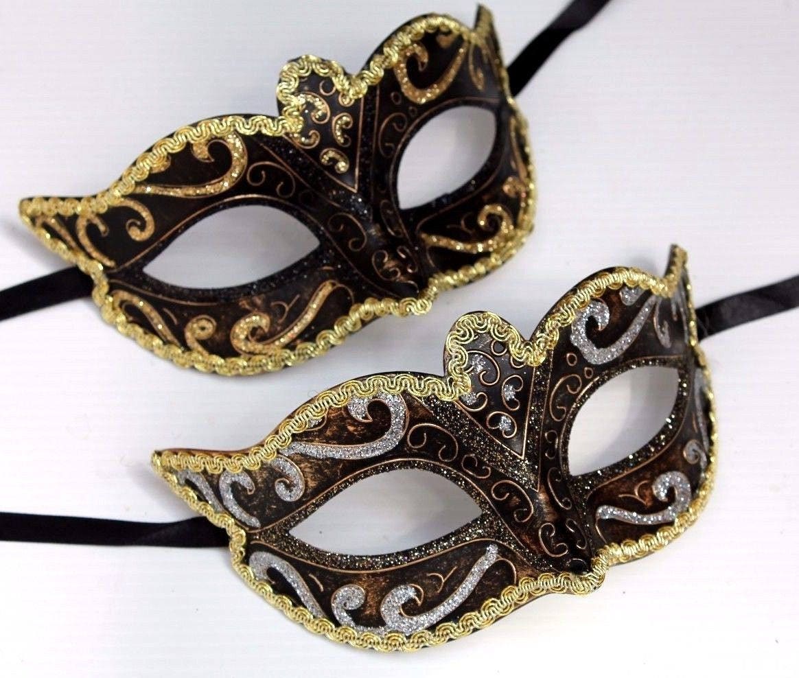 Black, gold and bronze his and hers couples pair of masquerade masks