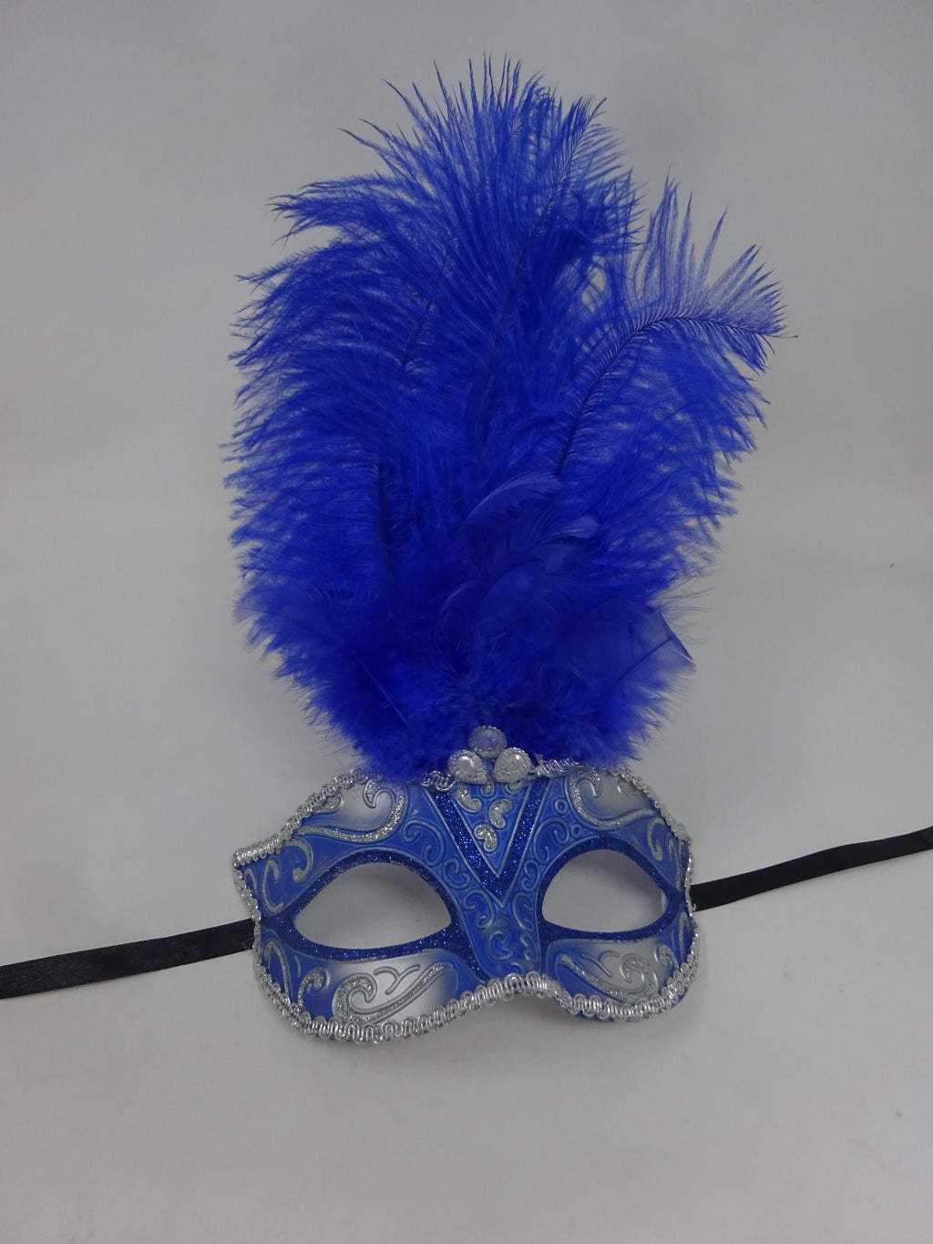 Stunning Blue and Silver Long Feather Masquerade Mask with Diamonds