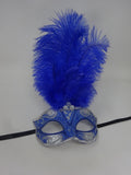 Stunning Blue and Silver Long Feather Masquerade Mask with Diamonds