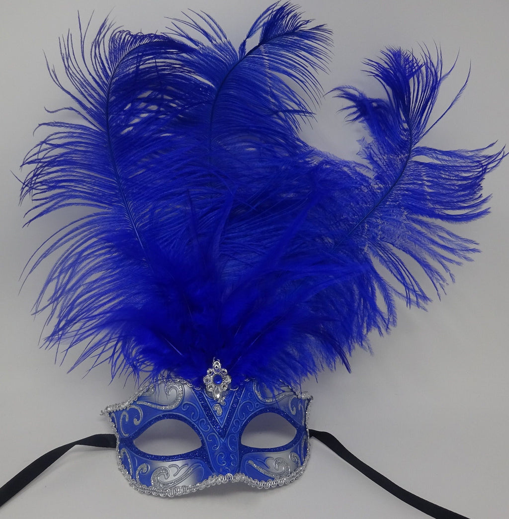 Blue and Silver Tall Feather Masquerade Party Carnival Ball Mask with Centre Jewel