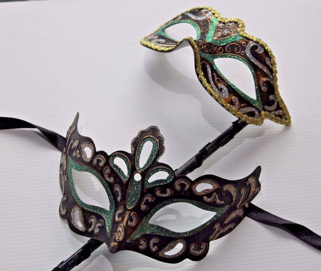 His and Hers Green, Bronze, Silver and Gold Pair of Male and Female Couples Masquerade Masks