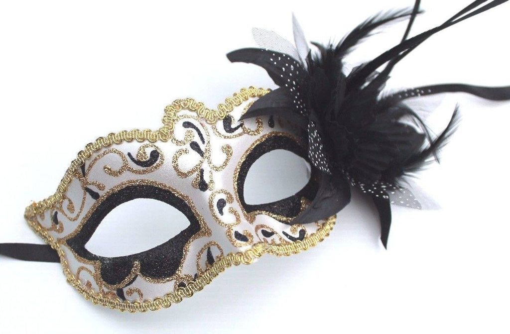 Black and Gold Swirl Venetian Masquerade Party Ball Eye Mask with Flower & Feathers