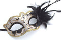 Black and Gold Swirl Venetian Masquerade Party Ball Eye Mask with Flower & Feathers