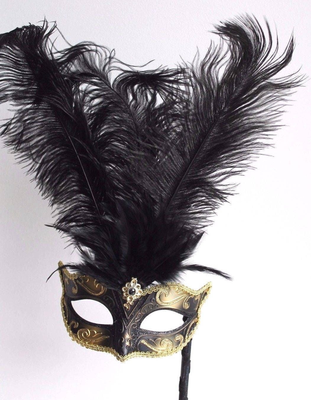 Black & Gold Tall Feather Mask on a Stick