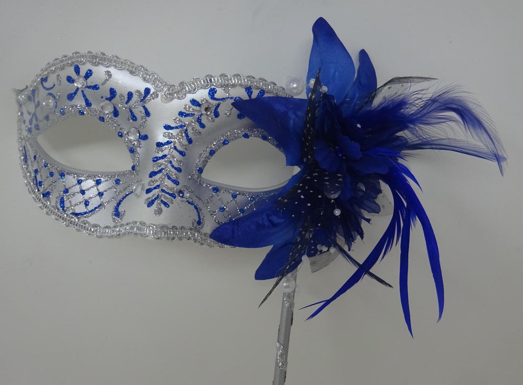 Blue and Silver Jewelled Party Masquerade Wedding Bridal ball Eye Mask on Stick with Flower and Feathers