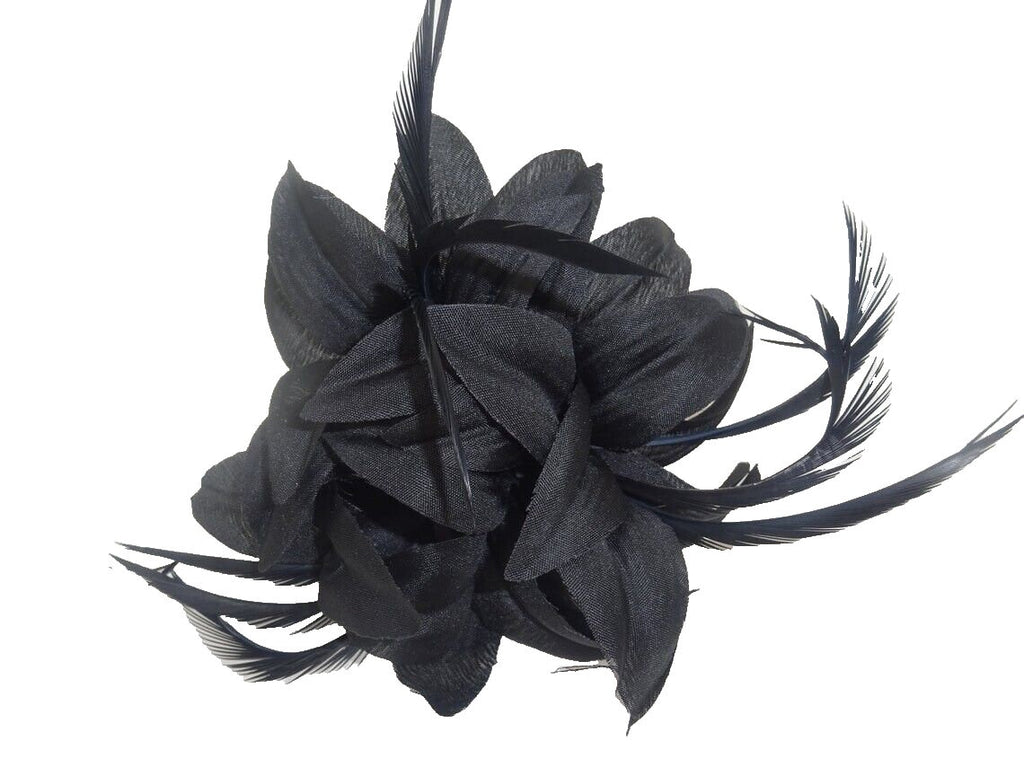Hair Fascinator Corsage and Brooch Black with Fabric Petals and Slim Feathers Clip & Pin Fastening