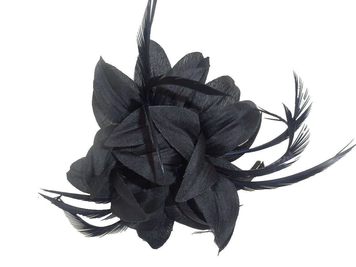 Hair Fascinator Corsage and Brooch Black with Fabric Petals and Slim Feathers Clip & Pin Fastening