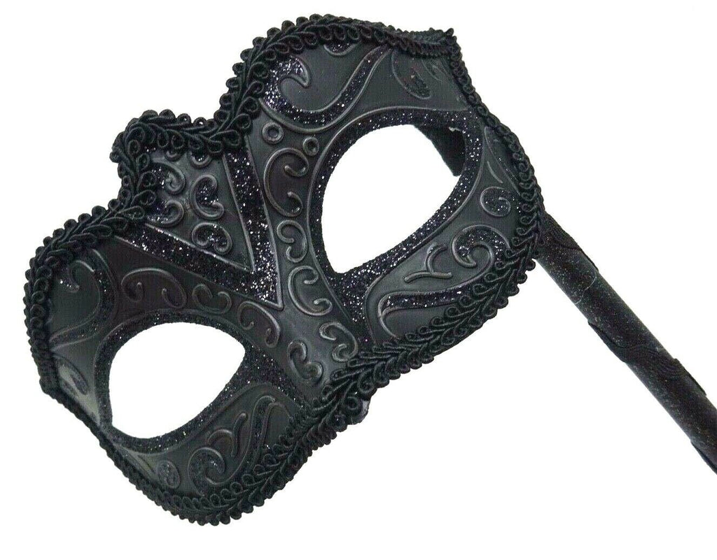Stunning Black Masquerade Mask on a Black Stick