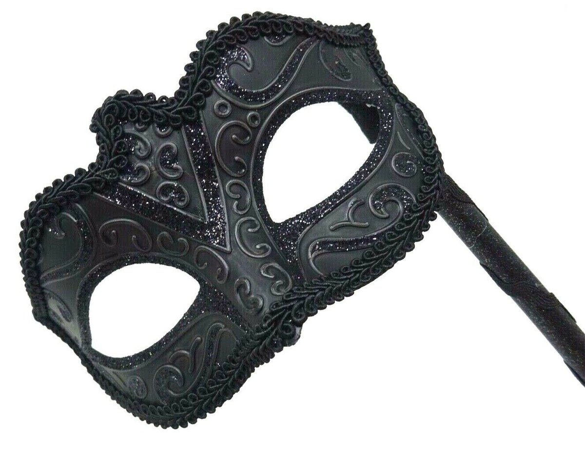 Stunning Black Masquerade Mask on a Black Stick