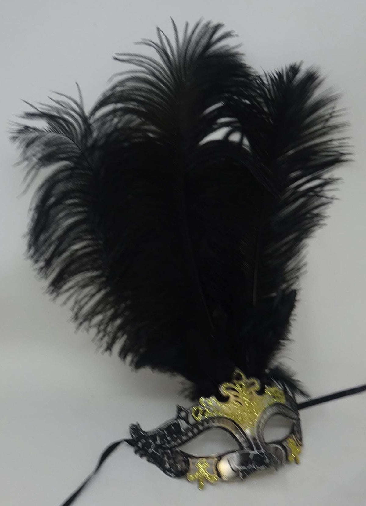 Black and Gold Rialto Venetian Masquerade Ball Carnival Party Prom Mask with Long Feathers